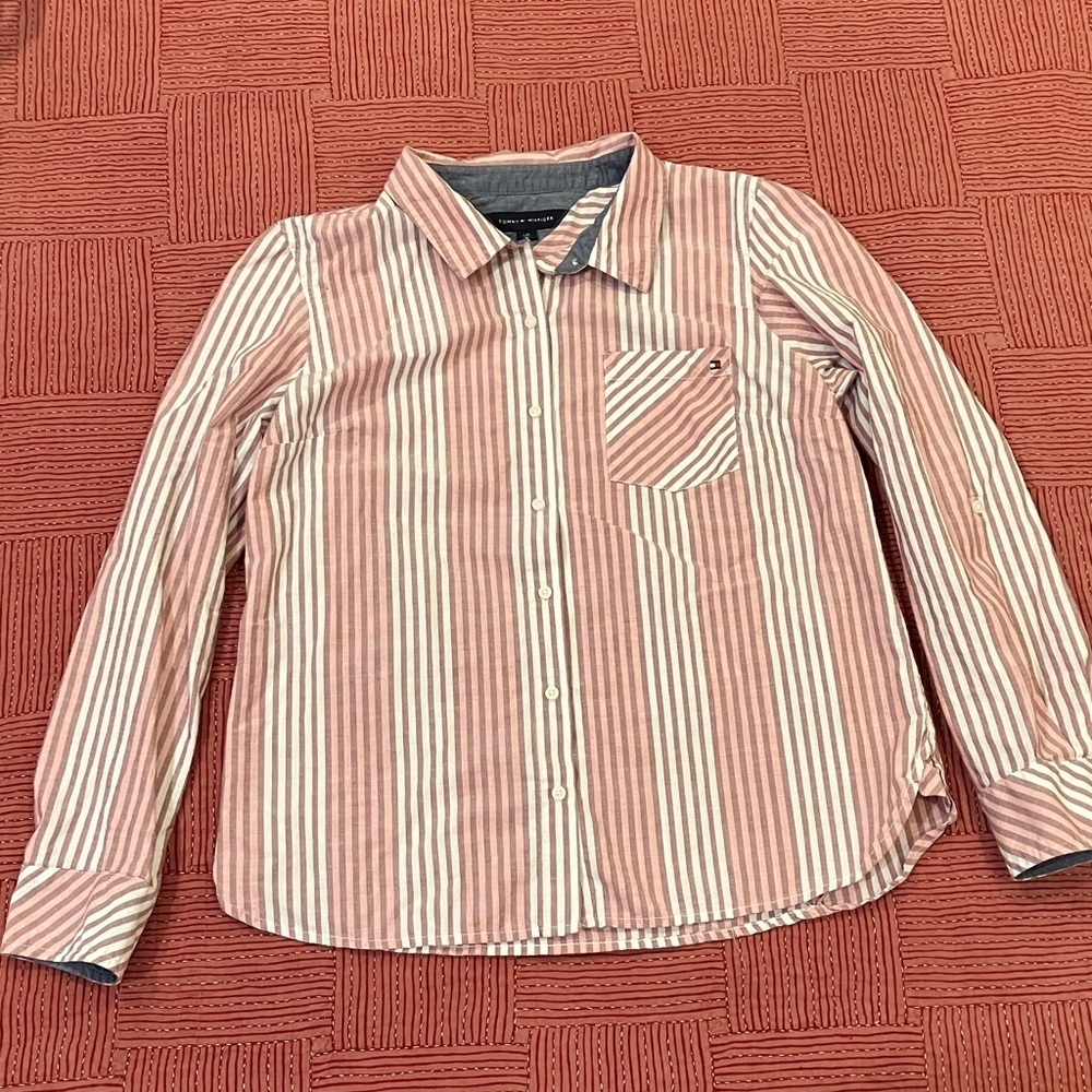 Tommy Hilfiger women’s large Pink & White Striped Button Down Shirt